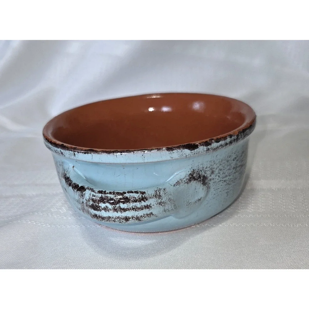 De Silva Terracotta Soup Bowl Blue Orange Handles Italy